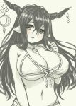  1girl bikini breasts cleavage crescent danua front-tie_bikini front-tie_top granblue_fantasy hair_between_eyes horn_ornament horns huge_breasts jewelry long_hair midriff navel necklace pas_(paxiti) pointy_ears sketch solo strap_gap swimsuit under_boob 