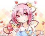  1girl blush clown_222 collarbone food food_on_face fruit hair_ornament hairband heart_hair_ornament komeiji_satori licking_lips pink_eyes pink_hair shirt signature solo spoon strawberry strawberry_parfait third_eye tongue tongue_out touhou upper_body 