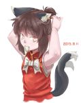  1girl animal_ears armpits bow brown_eyes brown_hair cat_ears cat_tail chen dated earrings hair_tie highres jewelry kabu_(yuyuibob) looking_at_viewer multiple_tails solo tail touhou 