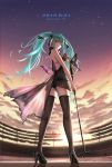  1girl 2015 aqua_eyes aqua_hair black_legwear black_shoes clouds dated from_behind from_below full_body hair_ribbon hatsune_miku high_heels highres long_hair looking_at_viewer looking_back microphone microphone_stand ribbon shijiu_(adamhutt) shoes sky solo star_(sky) starry_sky sunset thigh-highs twintails vocaloid 
