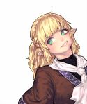  1girl blonde_hair clenched_teeth face fangs gengoroumaru_(ambidextrous) green_eyes looking_up mizuhashi_parsee pointy_ears scarf shirt short_hair short_sleeves simple_background solo touhou turtleneck upper_body vest white_background 