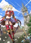  1girl armor belt bikini_armor black_panties blonde_hair blue_eyes boots braid breasts castle cleavage_cutout clouds fantasy full_body granblue_fantasy hairband holding looking_at_viewer midriff monikon13 navel panties pauldrons polearm ponytail sky smile solo spear thigh-highs thigh_boots underwear weapon zeta_(granblue_fantasy) 