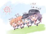  4girls :d ^_^ akatsuki_(kantai_collection) alternate_hairstyle anchor_symbol black_hair black_legwear blue_eyes brown_eyes brown_hair closed_eyes commentary_request fang flat_cap hair_ribbon hat hibiki_(kantai_collection) ikazuchi_(kantai_collection) inazuma_(kantai_collection) kantai_collection kotanuki_329 long_hair long_sleeves multiple_girls nanodesu_(phrase) neckerchief open_mouth red_ribbon ribbon sailor_dress short_hair silver_hair smile thigh-highs translated younger 