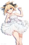  1girl arm_up artist_name azusa_(sarie303030) bare_legs bare_shoulders barefoot blonde_hair blue_eyes casual dress fate_(series) hand_on_own_chest leg_up ponytail saber saber_lily sleeveless sleeveless_dress smile solo sundress white_dress 