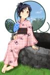  1girl azumawari_(azumofu) barefoot black_hair blush casual feet grass hair_bun japanese_clothes kimono looking_up original sitting sitting_on_rock smile tied_hair 