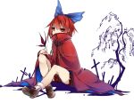  1girl bow butterfly_on_hand cape graveyard hair_bow red_eyes redhead sekibanki sitting skirt solo touhou toutenkou 