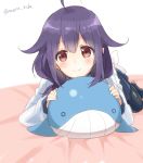  1girl ahoge black_legwear blush highres kantai_collection long_sleeves looking_at_viewer lying maruki_(punchiki) on_bed on_stomach purple_hair red_eyes smile stuffed_animal stuffed_toy taigei_(kantai_collection) twitter_username whale white_background 
