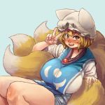  1girl blonde_hair blue_background blush breasts chanta_(ayatakaoisii) dress fang fox_tail hat huge_breasts long_sleeves looking_at_viewer multiple_tails open_mouth short_dress short_hair simple_background sitting tabard tail teeth thighs tongue touhou v white_dress yakumo_ran 