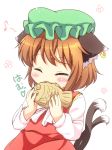  1girl :3 ^_^ animal_ears brown_hair cat_ears cat_tail chen closed_eyes food food_in_mouth green_hat hat jewelry long_sleeves mob_cap multiple_tails musical_note pila-pela short_hair simple_background single_earring solo tail taiyaki touhou two_tails wagashi white_background 