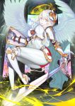  1girl absurdres aowltus209 armor blonde_hair feathered_wings highres long_hair original shield solo sword weapon wings yellow_eyes 