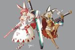  2girls animal_ears barefoot beltbra blue_eyes breasts cape cleavage creature dark_skin elphelt_valentine gloves guilty_gear guilty_gear_xrd gun hat highres long_hair multiple_girls nishiumi_yuuta orange_eyes pink_hair rabbit_ears ramlethal_valentine short_hair short_shorts shorts silver_hair sword thigh_strap weapon 