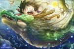  1boy ball bird black_hair cporing dragon dragon_ball dragon_ball_(object) open_mouth riding shenron signature son_gokuu spiky_hair underwater watermark web_address 