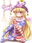  1girl american_flag_legwear american_flag_shirt blonde_hair blush character_name clownpiece hat highres indo_(mdtanaka2007) jester_cap knees_together_feet_apart long_hair looking_at_viewer pantyhose pink_eyes print_dress revision sitting solo star touhou v_arms very_long_hair 