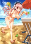  1girl bikini blush breasts cleavage double_scoop flip-flops food headphones ice_cream ice_cream_cone large_breasts long_hair luzia midriff navel nitroplus open_mouth pink_hair red_eyes sandals solo super_sonico swimsuit triple_scoop 