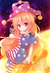  1girl american_flag_legwear american_flag_shirt beni_shake blonde_hair clownpiece fairy_wings hat jester_cap legacy_of_lunatic_kingdom long_hair pantyhose red_eyes smile solo touhou very_long_hair wings 