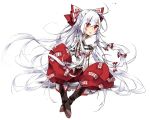  1girl albino belt boots bow fujiwara_no_mokou hair_bow hair_ornament highres long_hair long_sleeves looking_at_viewer ofuda open_mouth pants puffy_sleeves red_eyes shirt simple_background sitting solo touhou toutenkou white_background white_hair 