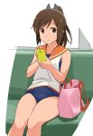  1girl bare_shoulders blush brown_eyes brown_hair cellphone i-401_(kantai_collection) kantai_collection long_hair looking_at_viewer one-piece_swimsuit phone ponytail sailor_collar school_swimsuit short_ponytail sitting solo swimsuit swimsuit_under_clothes tan youkan 