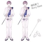  1boy baton brown_hair character_name copyright_name dress_shoes formal fukase headset highres limited_palette nail_polish skull smile speaker standing suit tuxedo utakata_o0 vocaloid white_suit 