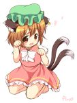  1girl :3 :d animal_ears barefoot brown_eyes brown_hair cat_ears cat_tail chen fang green_hat hat heart jewelry kneeling mob_cap multiple_tails nekomata open_mouth paw_pose pila-pela short_hair short_sleeves simple_background single_earring smile solo tail touhou two_tails white_background 