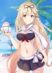  1girl beach bikini blonde_hair hair_ornament highres kantai_collection long_hair natsu_(lilywai0981856227) remodel_(kantai_collection) ribbon scarf shaved_ice skirt smile swimsuit yuudachi_(kantai_collection) 