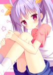  1girl blush hair_ribbon hazakura_satsuki highres leg_hug looking_at_viewer miyauchi_renge non_non_biyori purple_hair red_eyes ribbon shirt shorts sitting solo twintails 