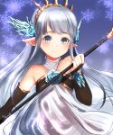  1girl artist_request bangs bare_shoulders blue_rose blush bridal_gauntlets crystal dress flat_chest flower granblue_fantasy grey_eyes halterneck holding lily_(granblue_fantasy) long_hair looking_at_viewer pointy_ears purple_background rose silver_hair smile snowflakes solo staff tiara upper_body very_long_hair white_dress 