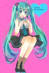  1girl 2015 ahoge aqua_eyes aqua_hair dated dress hatsune_miku long_hair looking_at_viewer mikipa nail_polish necktie open_mouth pink_background sitting socks solo twintails very_long_hair vocaloid 
