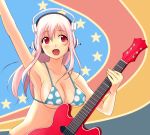  1girl armpits blush breasts electric_guitar guitar headphones instrument large_breasts long_hair midriff navel nitroplus pink_hair red_eyes solo super_sonico swimsuit tsukune_(45616) 