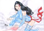  1girl angry black_hair breasts clenched_hand clenched_teeth fingernails fred_benes frown highres leotard marvel mutant psylocke slash squatting thigh-highs waist_cape white_background x-men 