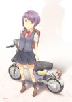  1girl classroom_crisis helmet looking_at_viewer motor_vehicle motorcycle purple_hair school_uniform sera_mizuki_(classroom_crisis) short_hair signature simple_background solo vehicle violet_eyes white_background 