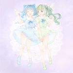  2girls alternate_costume ankle_socks blue_background blue_eyes blue_hair cirno closed_eyes daiyousei doily full_body gradient gradient_background green_hair hair_ribbon layered_dress looking_at_viewer mary_janes multiple_girls open_mouth panties parted_lips raised_hand ribbon see-through shoes short_hair short_sleeves side_ponytail simple_background skirt_hold standing striped striped_panties touhou tsukimiya_kamiko underwear wings 