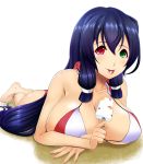  1girl :p asama_tomo bikini breasts cleavage green_eyes heterochromia highres huge_breasts kyoukai_senjou_no_horizon long_hair lying on_stomach popsicle purple_hair red_eyes sidelocks solo swimsuit tomatto_(@ma!) tongue tongue_out very_long_hair 