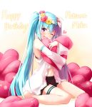  1girl ahoge aqua_hair blue_eyes blush character_name detached_sleeves hair_ribbon happy_birthday hatsune_miku head_wreath heart highres long_hair pillow pillow_hug ribbon sitting solo takanashie thigh_strap twintails very_long_hair vocaloid wariza wink 