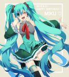  1girl 2015 absurdres aqua_eyes aqua_hair character_name dated detached_sleeves hand_on_headphones happy_birthday hatsune_miku headphones highres long_hair looking_at_viewer one_eye_closed open_mouth outstretched_arm skirt solo thigh-highs twintails very_long_hair vocaloid 