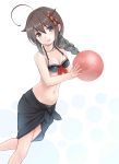  1girl ahoge ball beachball bikini blue_eyes braid hair_ornament highres kantai_collection kotanuki_329 long_hair shigure_(kantai_collection) single_braid smile swimsuit 