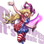  1girl american_flag_legwear american_flag_shirt blonde_hair clownpiece english fairy_wings hat jester_cap legacy_of_lunatic_kingdom long_hair miata_(pixiv) open_mouth outstretched_arm pantyhose print_dress red_eyes smile solo standing_on_one_leg torch touhou very_long_hair wings 