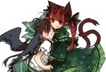  2girls animal_ears bird_wings black_hair black_wings bow braid cat_ears cat_tail dress green_dress hair_bow juliet_sleeves kaenbyou_rin long_sleeves looking_at_viewer multiple_girls multiple_tails puffy_short_sleeves puffy_sleeves red_eyes redhead reiuji_utsuho shirt short_sleeves skirt smile tail touhou toutenkou twin_braids wings 