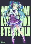  1girl ahoge artist_name character_name full_body gloves green_eyes green_hair happy_birthday hat hatsune_miku headset long_hair mini_top_hat open_mouth riccae single_sock single_thighhigh skirt socks solo thighhighs top_hat twintails vocaloid 