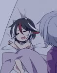  2girls blanket clenched_hands fang from_behind futon horns jeno kijin_seija kishin_sagume mother_and_daughter multicolored_hair multiple_girls open_mouth short_hair silver_hair sleeping streaked_hair sweatdrop touhou translation_request 