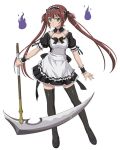  1girl airi_(queen&#039;s_blade) black_ribbon breasts brown_hair cleavage ghost green_eyes holding_weapon long_hair looking_at_viewer maid maid_headdress queen&#039;s_blade ribbon scythe simple_background solo thigh-highs twintails white_background 