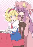  alice_margatroid ascot blonde_hair blue_dress blue_eyes capelet chair commentary_request crescent dress hammer_(sunset_beach) hat long_hair mob_cap patchouli_knowledge purple_hair reading short_hair sitting sketch smile touhou 