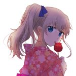  1girl blue_eyes candy_apple charlotte_(anime) highres japanese_clothes kimono licking long_hair ponytail silver_hair sunohara_(marble0131) tomori_nao yukata 