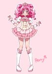  1girl boots bow brooch character_name choker double_bun earrings frills heart heart_earrings jewelry kagami_chihiro knee_boots magical_girl original pink pink_background pink_bow pink_eyes pink_hair pink_skirt precure puffy_sleeves short_hair sidelocks skirt smile solo standing white_boots wrist_cuffs 