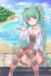  1girl beach ficusmicrocarpa green_hair hatsune_miku jewelry kocchi_muite_baby_(vocaloid) long_hair necklace pink_eyes project_diva project_diva_2nd sitting skirt solo striped striped_legwear thighhighs twintails very_long_hair vocaloid 