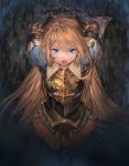  1girl aos_libido armor arms_tied bdsm blonde_hair blue_eyes bondage bruise charlotte_(granblue_fantasy) dress granblue_fantasy highres injury long_hair open_mouth pointy_ears puffy_sleeves solo very_long_hair 
