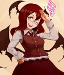  1girl ;d arm_up bat_wings bespectacled buttons collared_shirt commentary_request dress_shirt glasses hand_on_hip head_tilt head_wings inugami_akito koakuma long_hair long_sleeves low_wings necktie one_eye_closed open_mouth red_eyes redhead salute semi-rimless_glasses shirt simple_background skirt skirt_set smile solo tan_background touhou vest white_shirt wings 