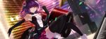  1girl :d black_legwear corset drum drum_set elbow_gloves gloves headband heart_tattoo highres instrument keyboard_(instrument) looking_at_viewer microphone open_mouth original purple_hair short_hair skirt smile solo stage swd3e2 tattoo thigh-highs yellow_eyes zettai_ryouiki 