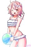  1girl ahoge ball beachball hair_ornament i-58_(kantai_collection) kantai_collection looking_at_viewer navel one_eye_closed open_mouth pink_hair red_eyes short_hair solo swimsuit yuki_no_iori 