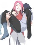  1boy 1girl amputee black_hair blush carrying closed_eyes couple fuji_(c-b-s) grin haruno_sakura hetero husband_and_wife long_hair naruto pink_hair princess_carry role_reversal short_hair smile uchiha_sasuke 