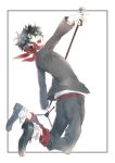  1boy belt black_hair fukase gloves grey_eyes jumping loafers looking_at_viewer looking_back male_focus meola messy_hair microphone microphone_stand open_mouth shoes socks solo vocaloid white_gloves 